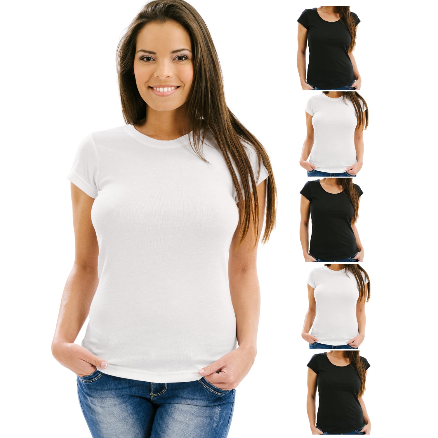 Women's 5 Pack Black, White, or Assorted Soft Fabric Solid Crew-Neck T–  Emprella