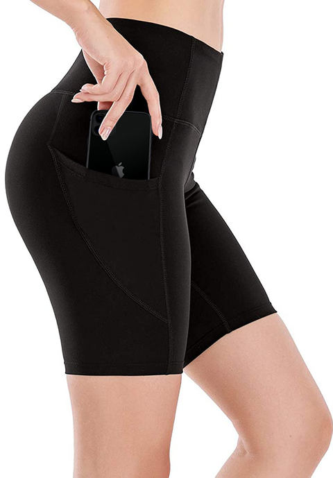 High Waist Black Yoga Running Compression Biker Shorts for Workouts Exercise with 3 Pockets