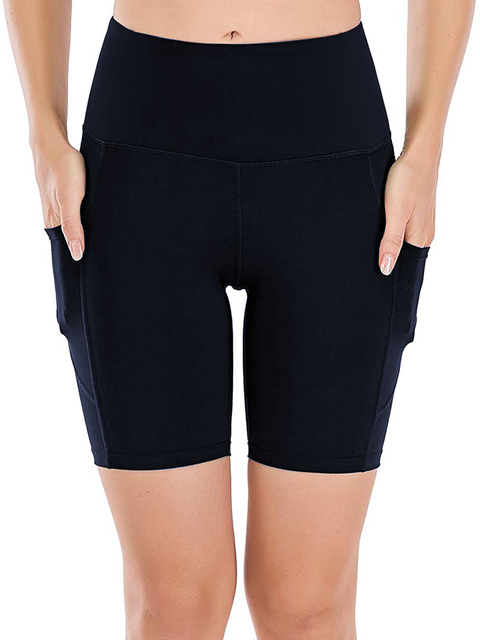 High Waist Navy Yoga Running Compression Biker Shorts for Workouts Exercise with 3 Pockets